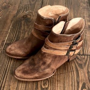 Bed|stu Womens Ankle Booties Brown Leather Block Heels Almond Toe Zip Buckle 7